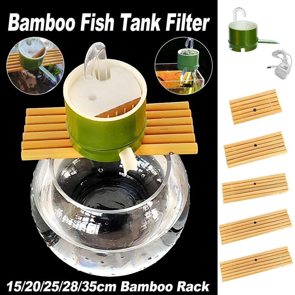 Bamboo external aquarium filter box attached to a small glass fish tank for clear water
