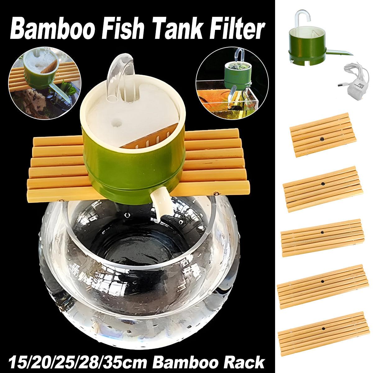 Bamboo external aquarium filter box attached to a small glass fish tank for clear water