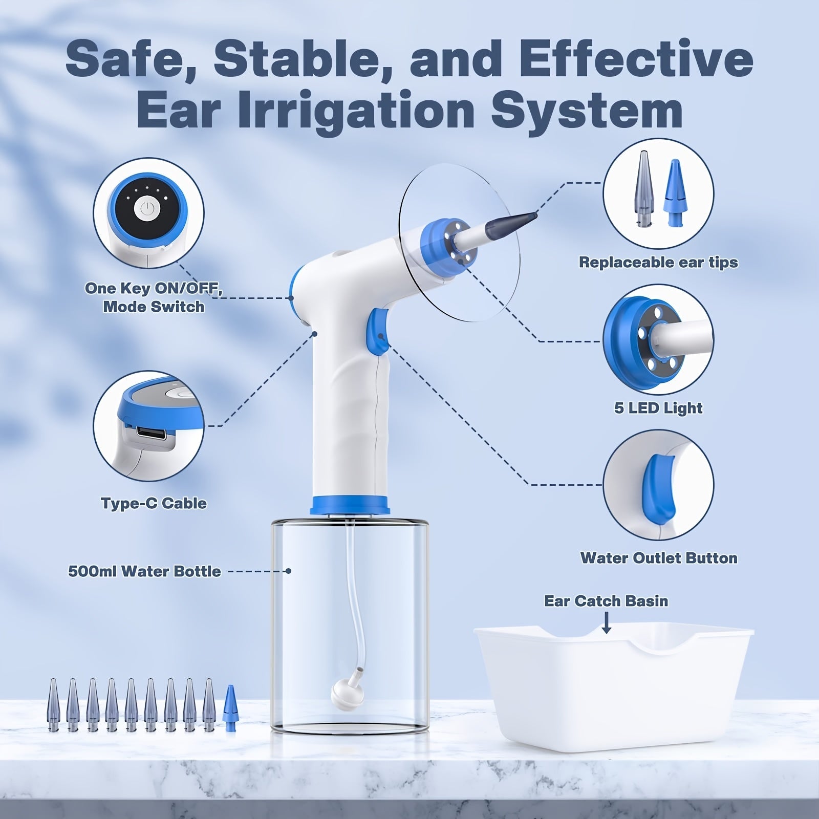 Electric hydraulic ear irrigation system kit in sky blue with ten interchangeable nozzles and catch basin — view 3