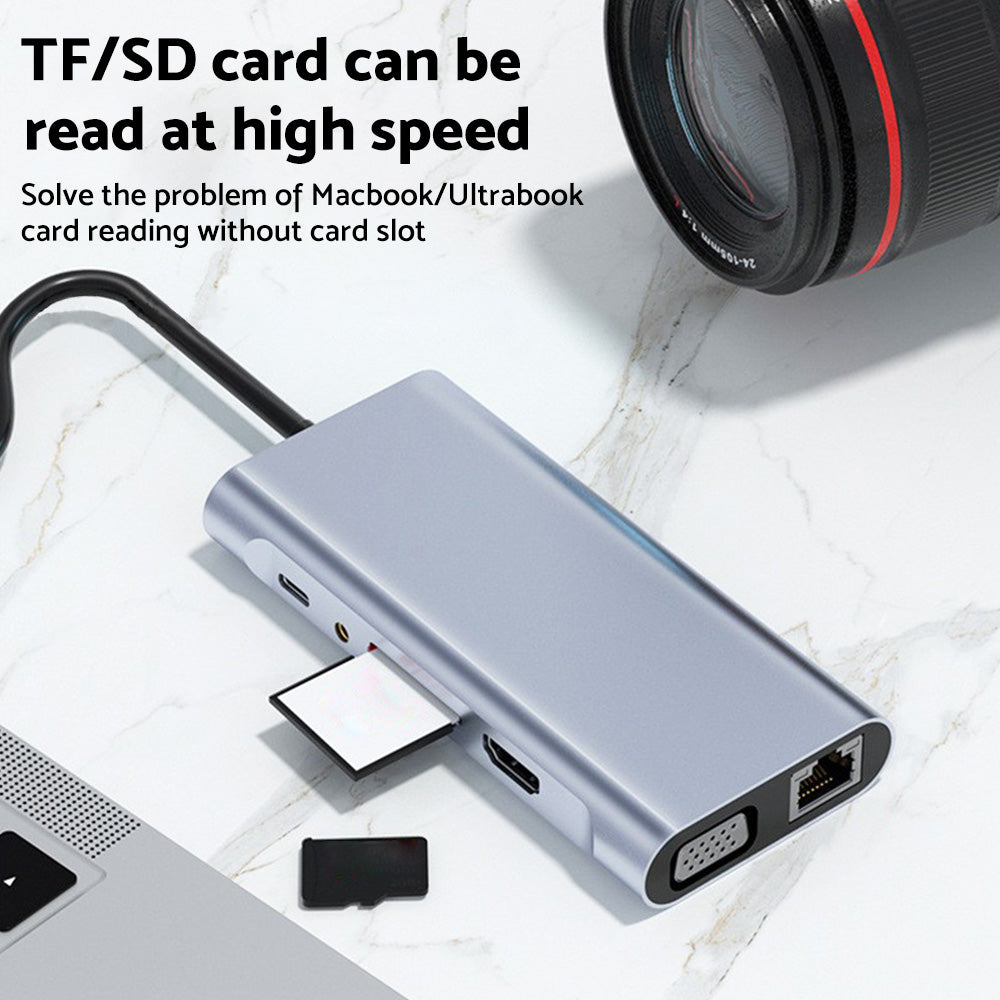 Metallic 11-in-1 USB-C hub multiport adapter featuring HDMI ethernet and memory card slots — view 5