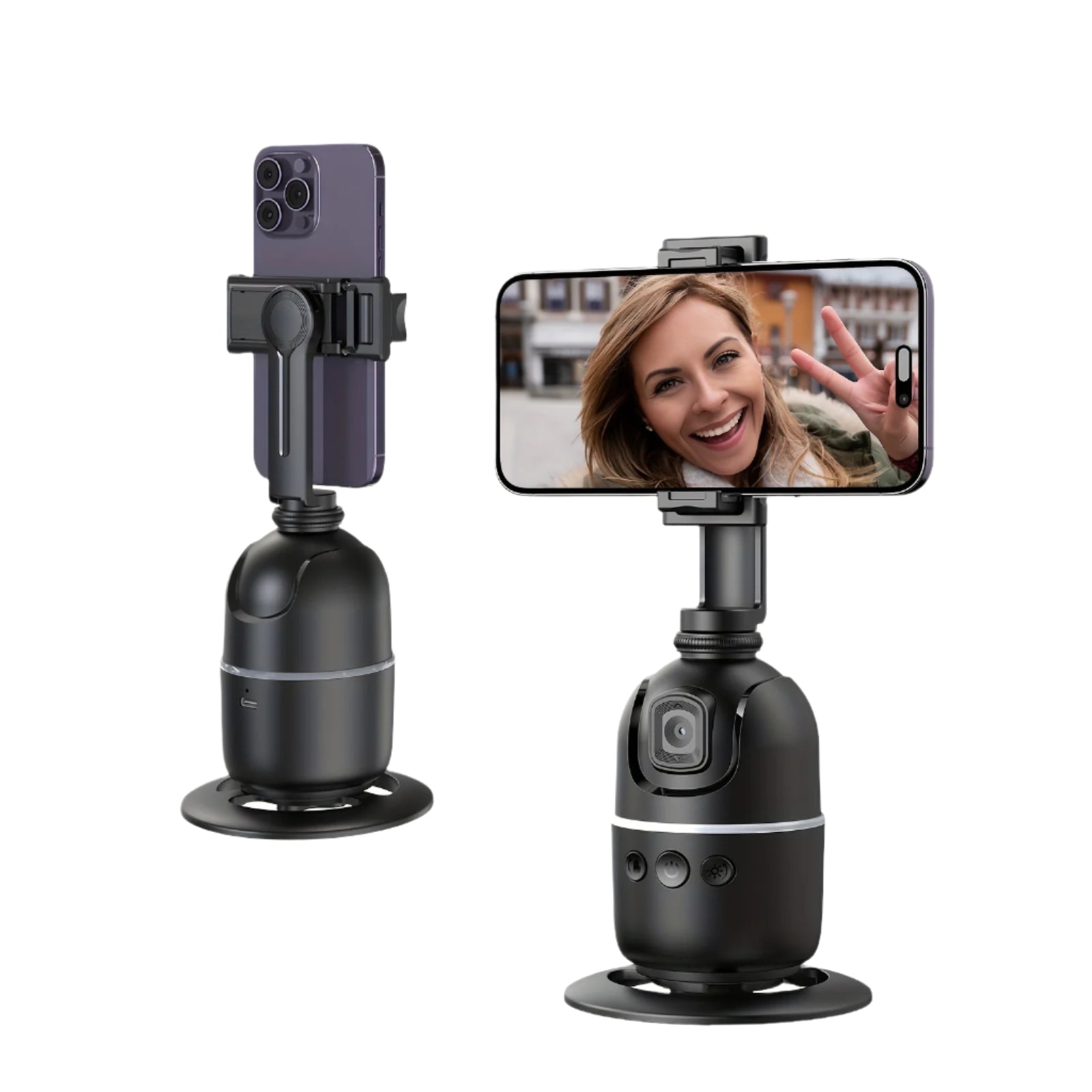 Black smart AI selfie stick with 360 degree rotating smartphone holder and built-in stabilization