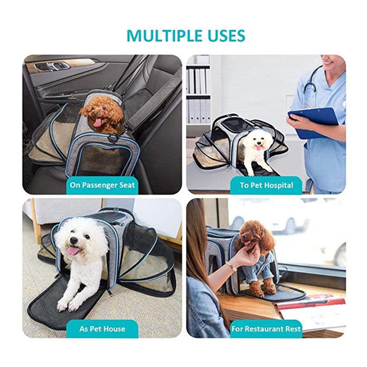 Black expandable soft-sided cat carrier with breathable mesh windows and safety reflective tape — view 3