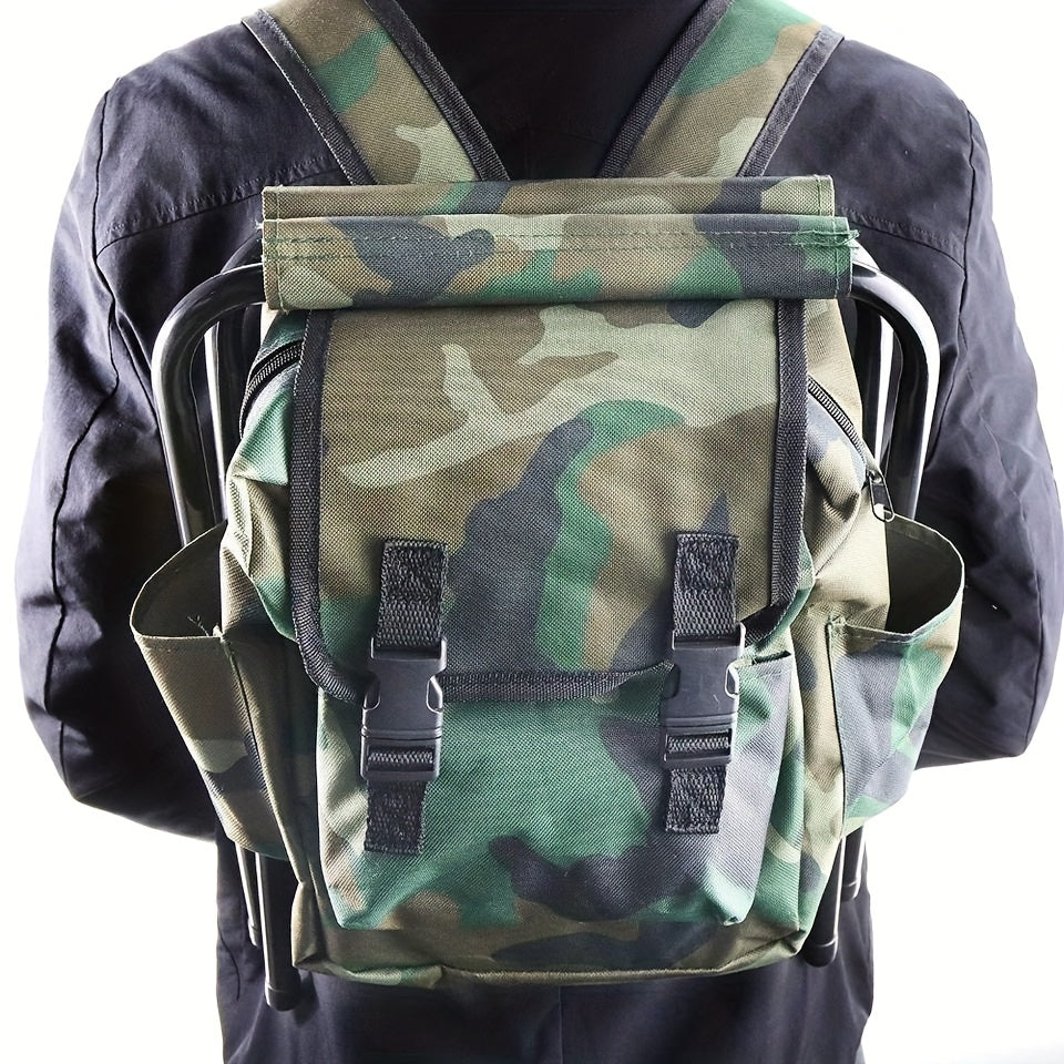 Camouflage folding camping chair with integrated backpack picnic bag and sturdy metal frame. — view 4