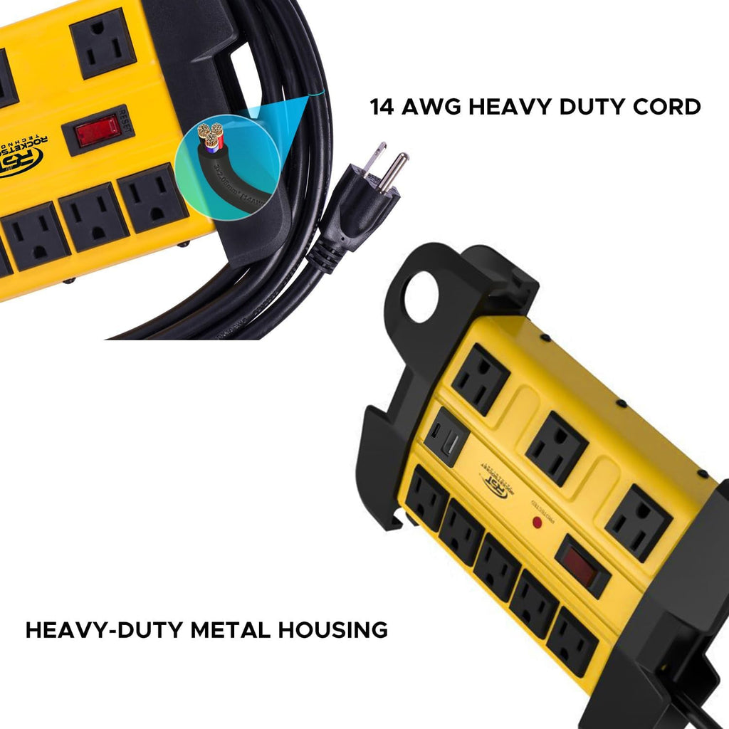 Heavy duty metal 8-outlet power strip with USB ports, cord wrap, and surge protection. — view 3