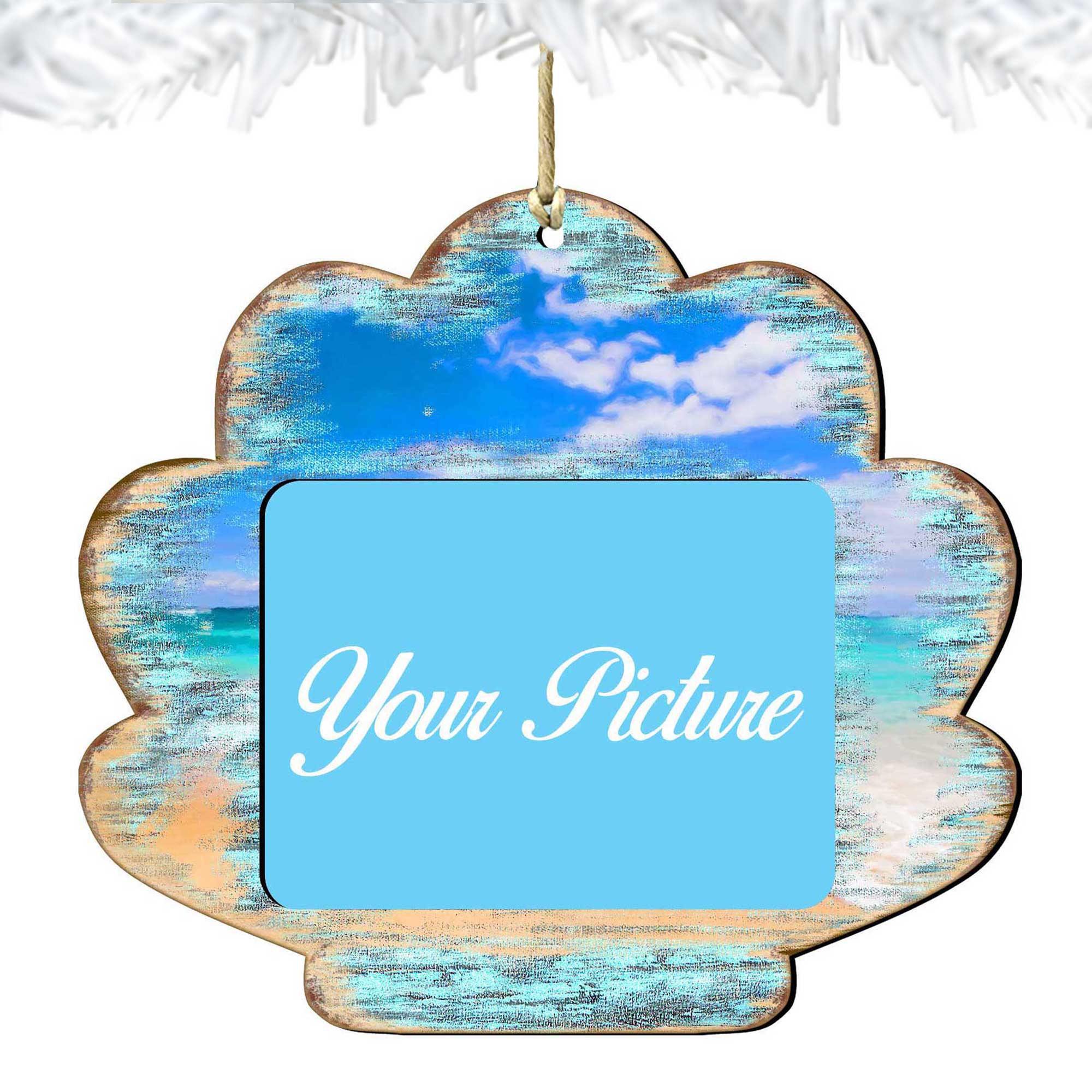 Handcrafted wooden seashell picture frame hanging ornament for coastal holiday decorations and DIY crafts. — view 4
