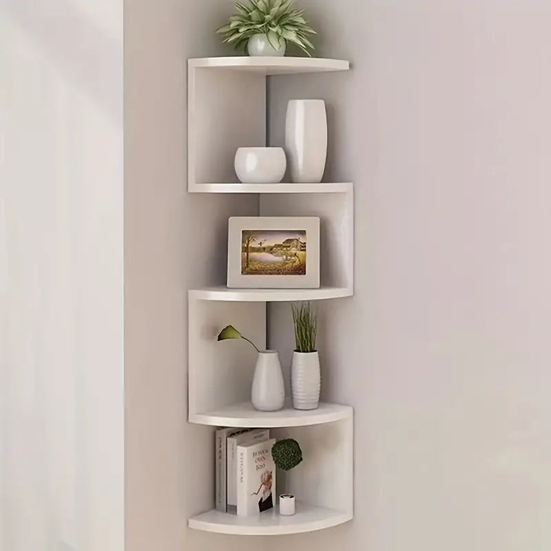 Five tier PVC corner wall shelf displaying books and small plants in a living room — view 5