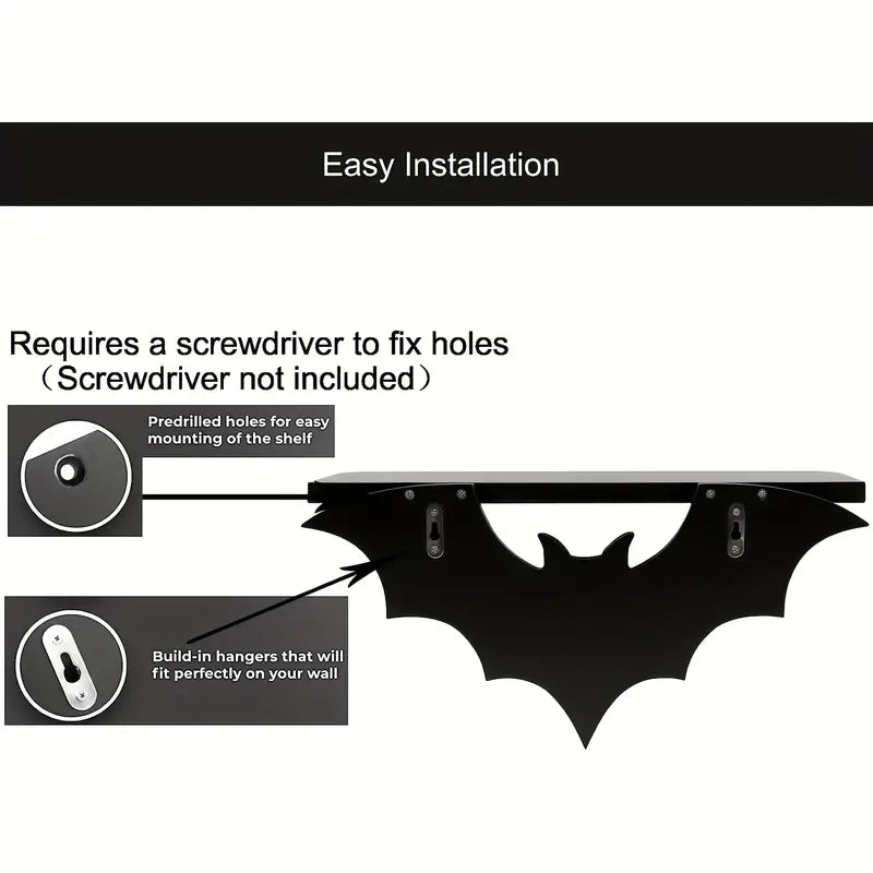 Black wooden bat shaped floating wall shelf featuring three metal key hooks for hanging gothic decor — view 4
