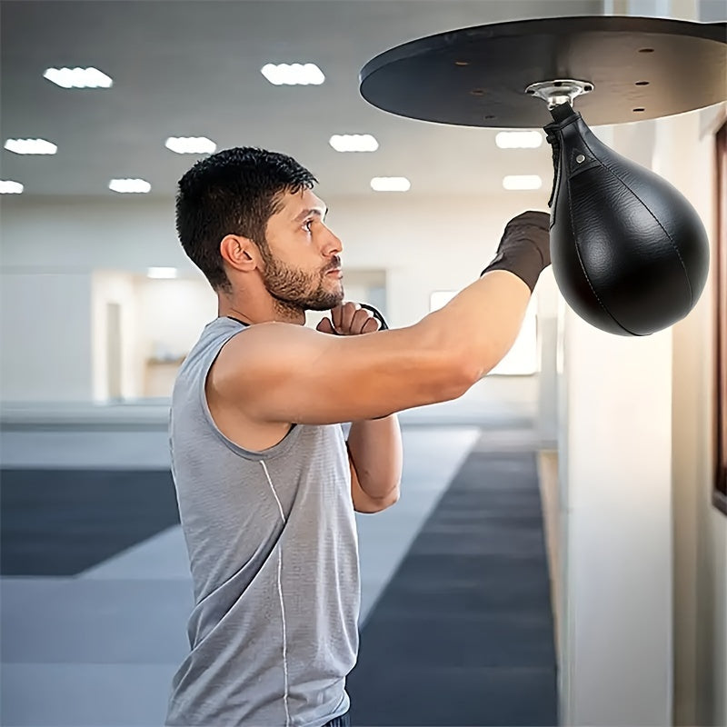 Black PU leather pear-shaped boxing speed ball with hanging hook for home gym striking workouts. — view 3