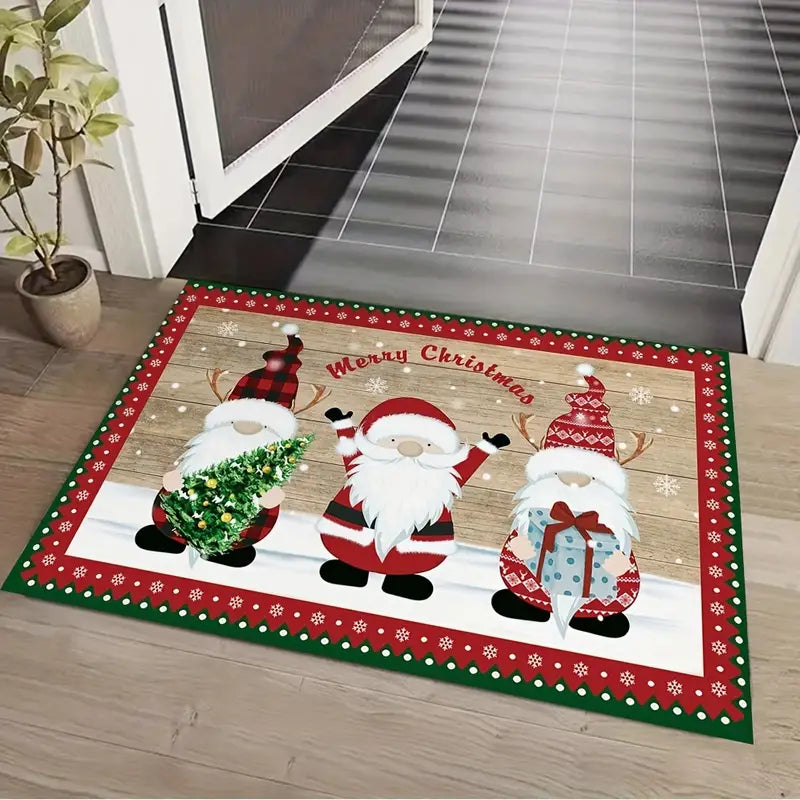 Festive red and green polka dot Merry Christmas kitchen rug featuring a Santa Claus design — view 3