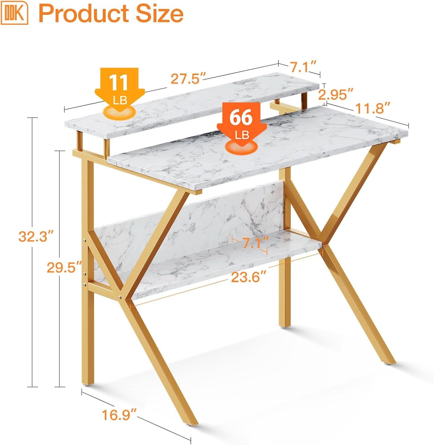 Compact 27.5-inch white marble computer desk featuring elegant gold legs and an ergonomic monitor stand — view 3