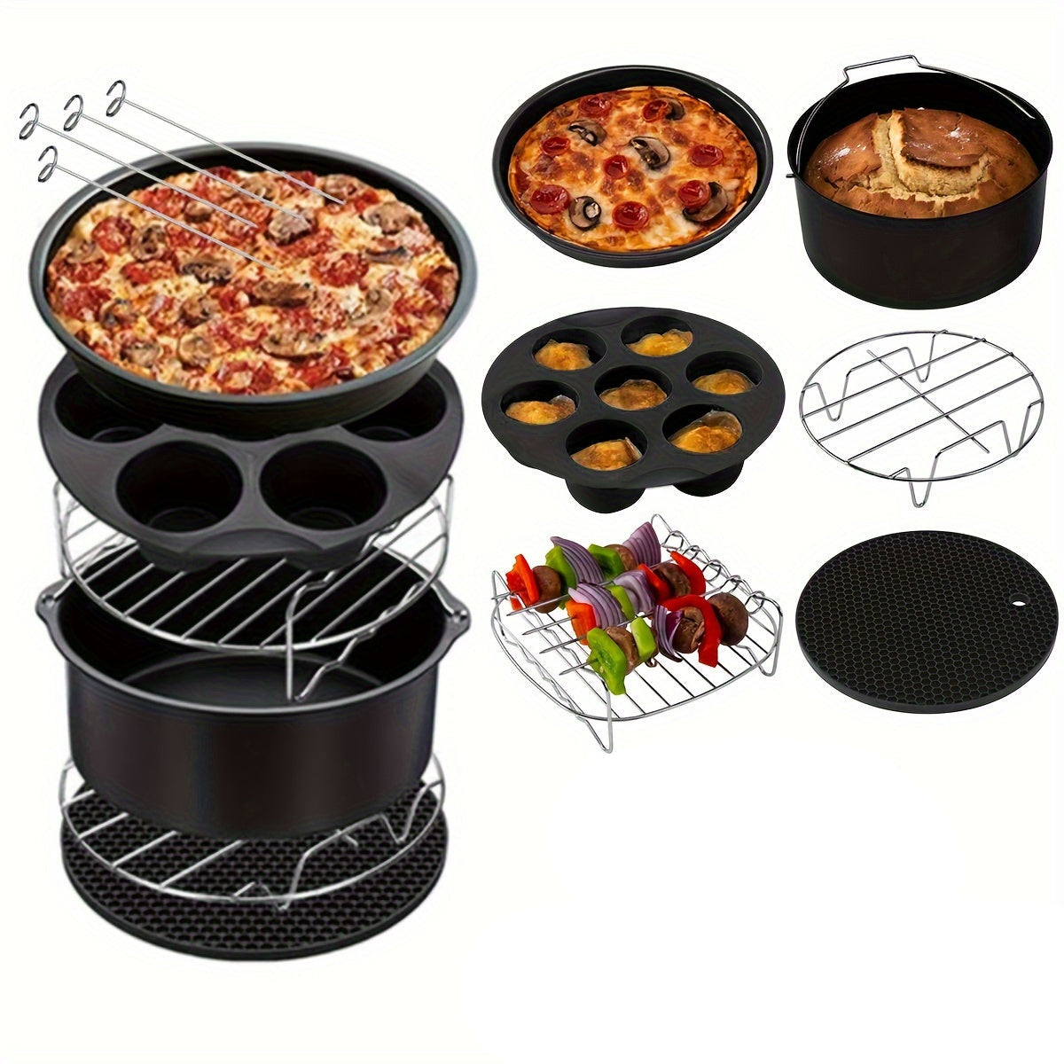 11-piece air fryer accessory kit featuring nonstick cast iron pizza pan and muffin cups