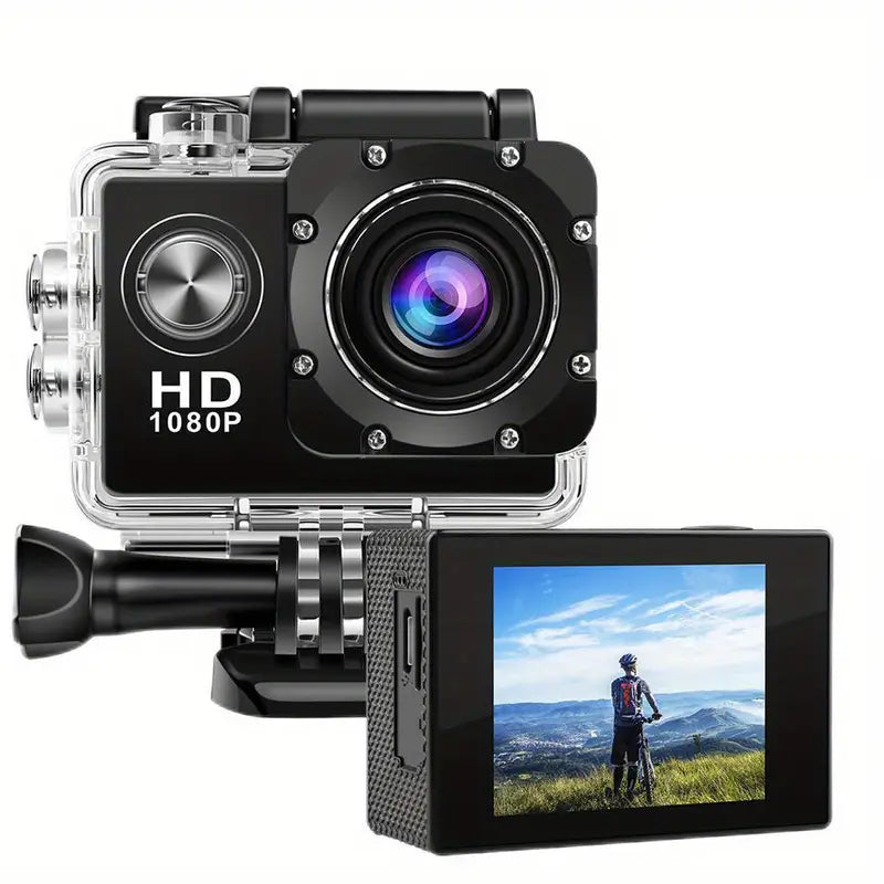 Sleek black HD 1080P sport action camera with waterproof housing and 2-inch LCD screen