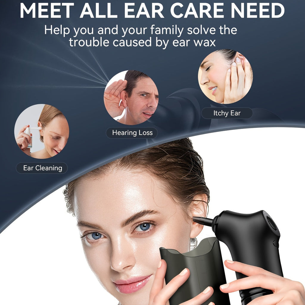 Electric ear wax removal kit in black with interchangeable spray nozzles and water tank — view 2