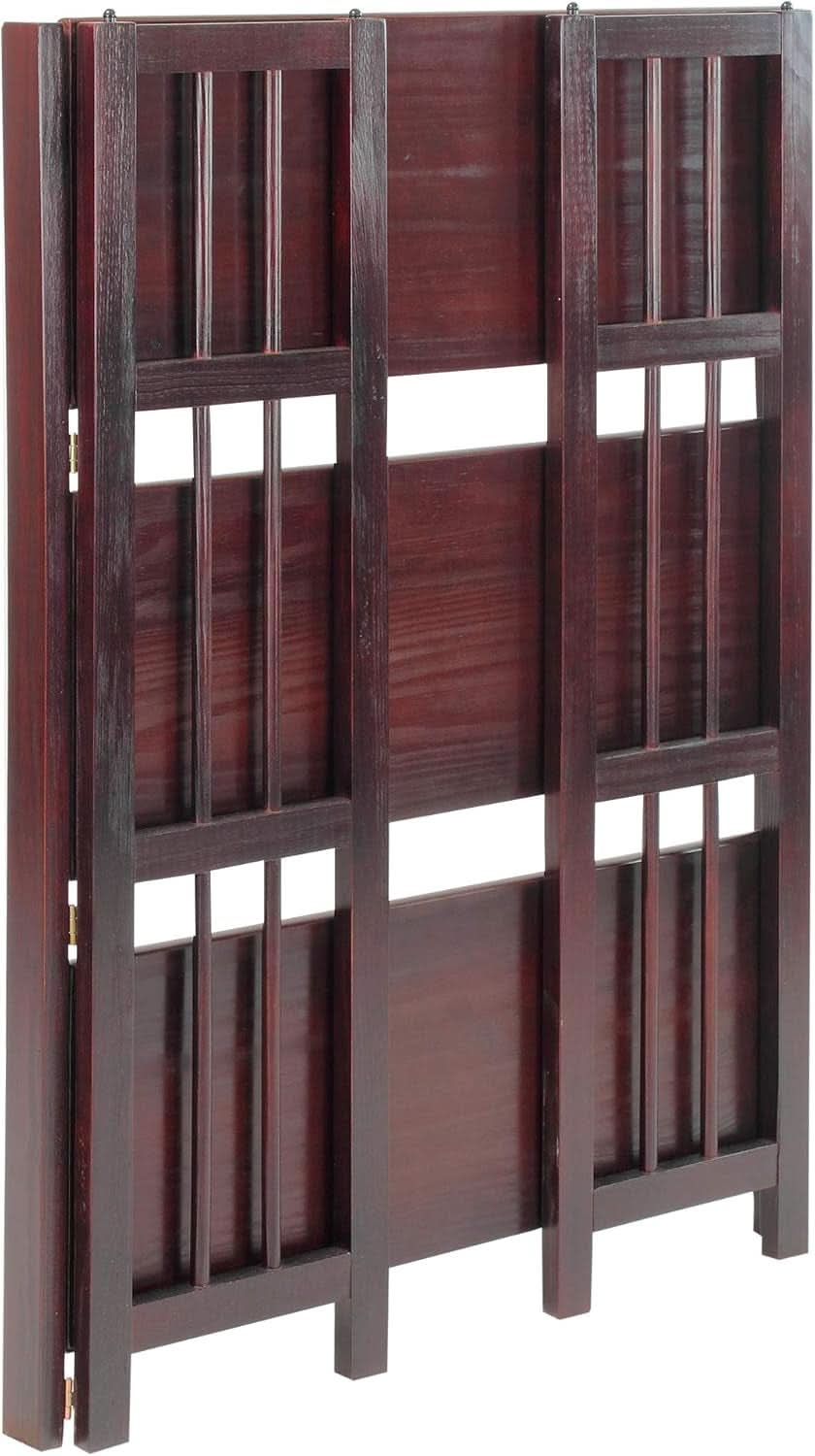 Three shelf folding stackable bookcase in rich solid espresso wood for home office storage — view 4
