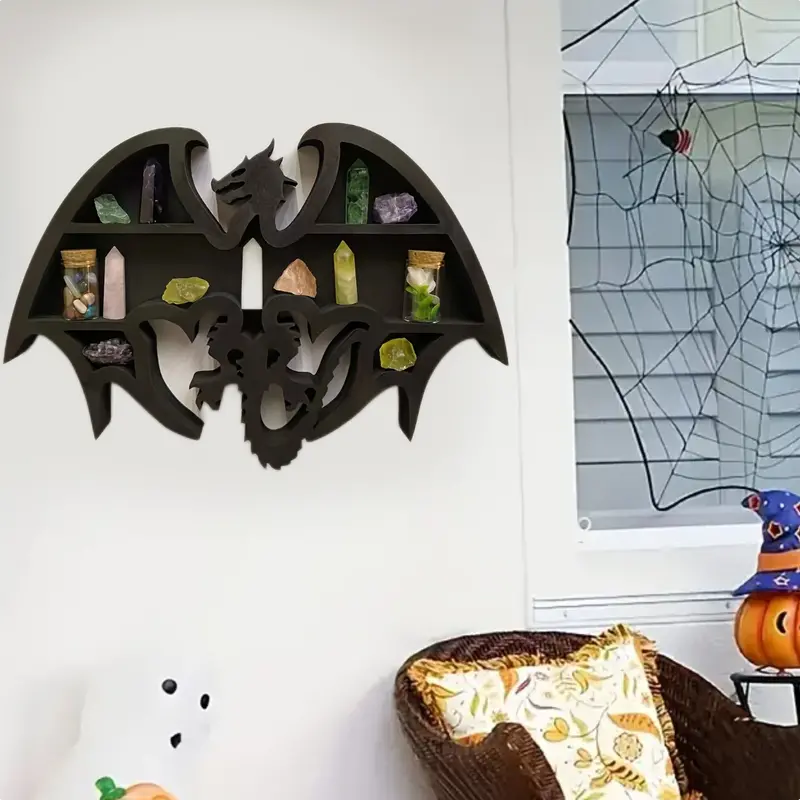 Handcrafted wooden dragon shaped crystal wall display shelf with natural wood grain finish — view 5