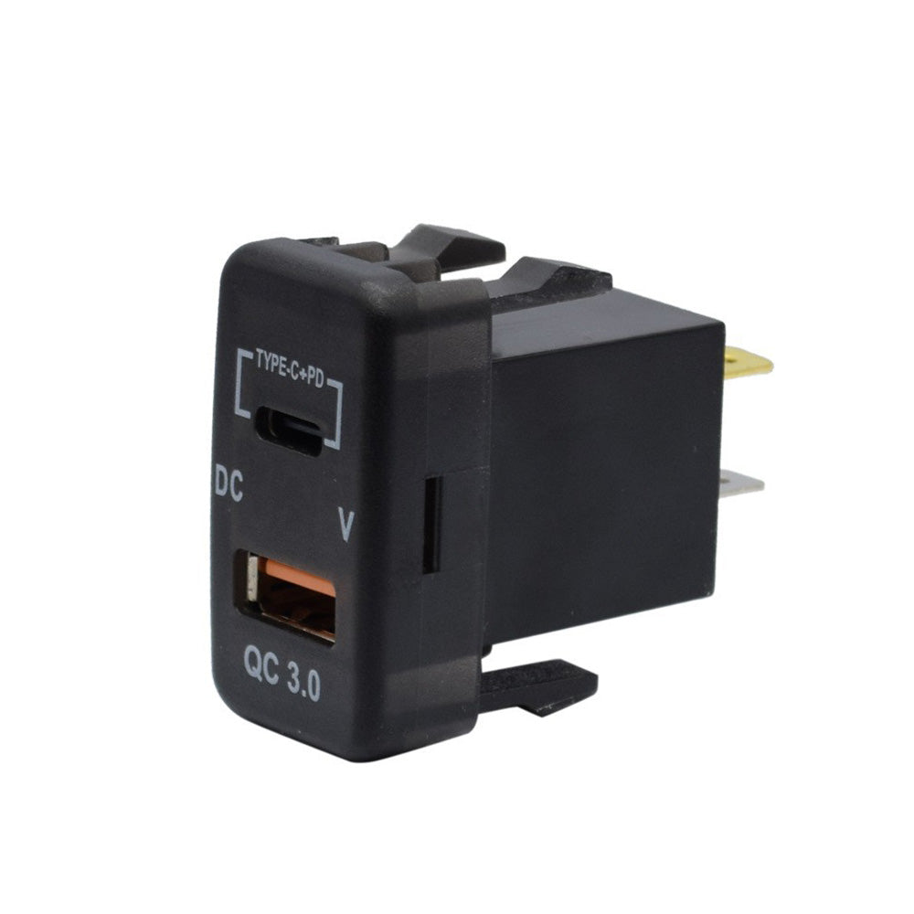 Black dual port Type-C USB car charger adapter with blue LED digital voltmeter display