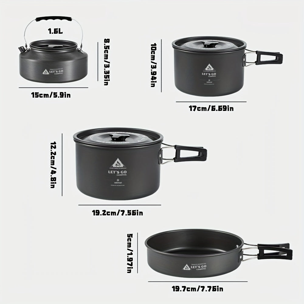 Black 4-piece aluminum camping cookware set including a cooking pot, frying pan, and portable kettle — view 4