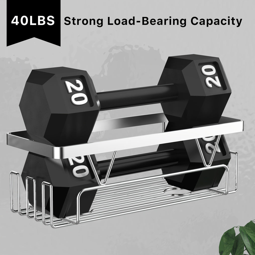Black stainless steel over the door shower organizer rack holding towels and bathroom accessories — view 5