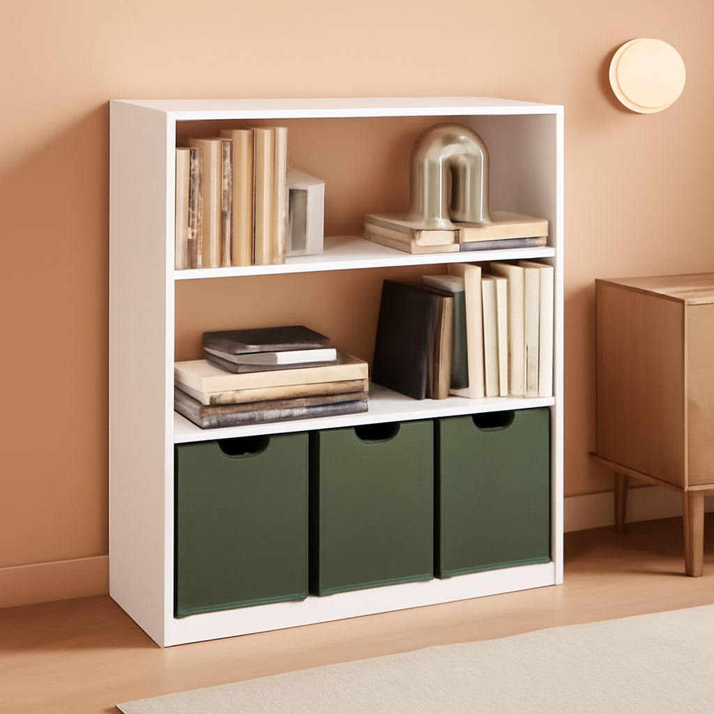 White 3-tier open bookcase, compact minimalist shelving unit for living room or home office decor.