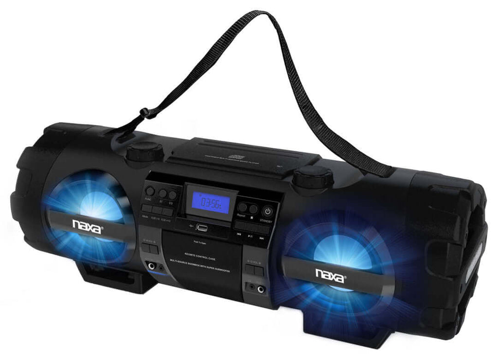 Sleek black bass reflex boombox with top carry strap, large dual speakers, and control panel
