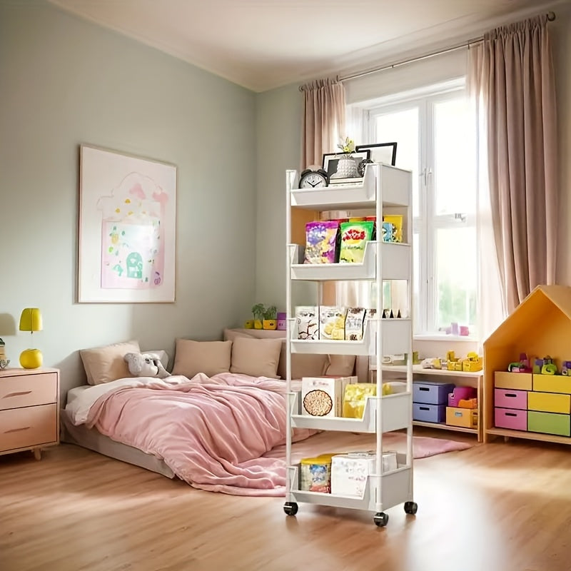 Light beige 5-tier mobile bookshelf utility cart with rolling wheels and recessed backless plastic shelves. — view 5