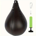 Black PU leather pear-shaped boxing speed ball with hanging hook for home gym striking workouts.