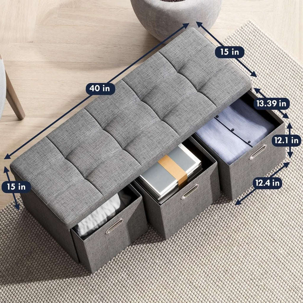 Oversized 40-inch gray linen storage ottoman with three cube drawers and a tufted cushion top — view 2