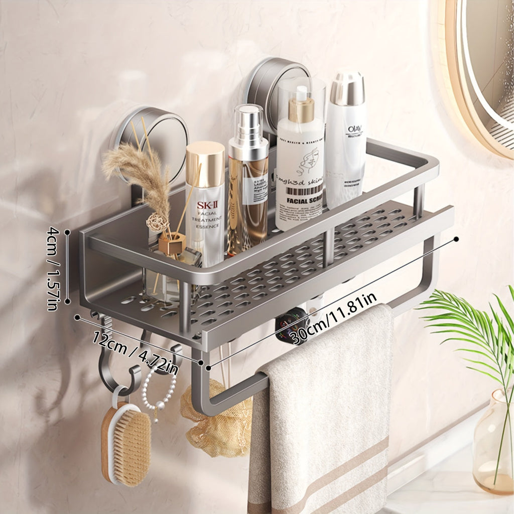 Rustproof wall mounted shower caddy with suction cups and towel hooks holding bathroom products — view 4