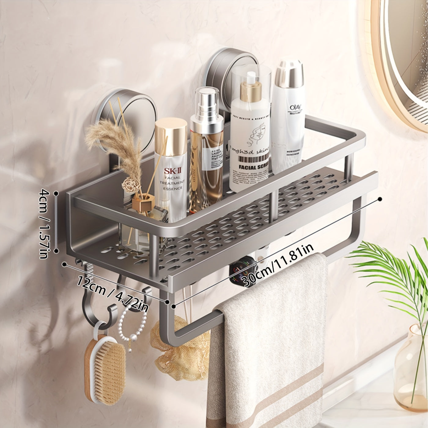 Rustproof wall mounted shower caddy with suction cups and towel hooks holding bathroom products — view 4