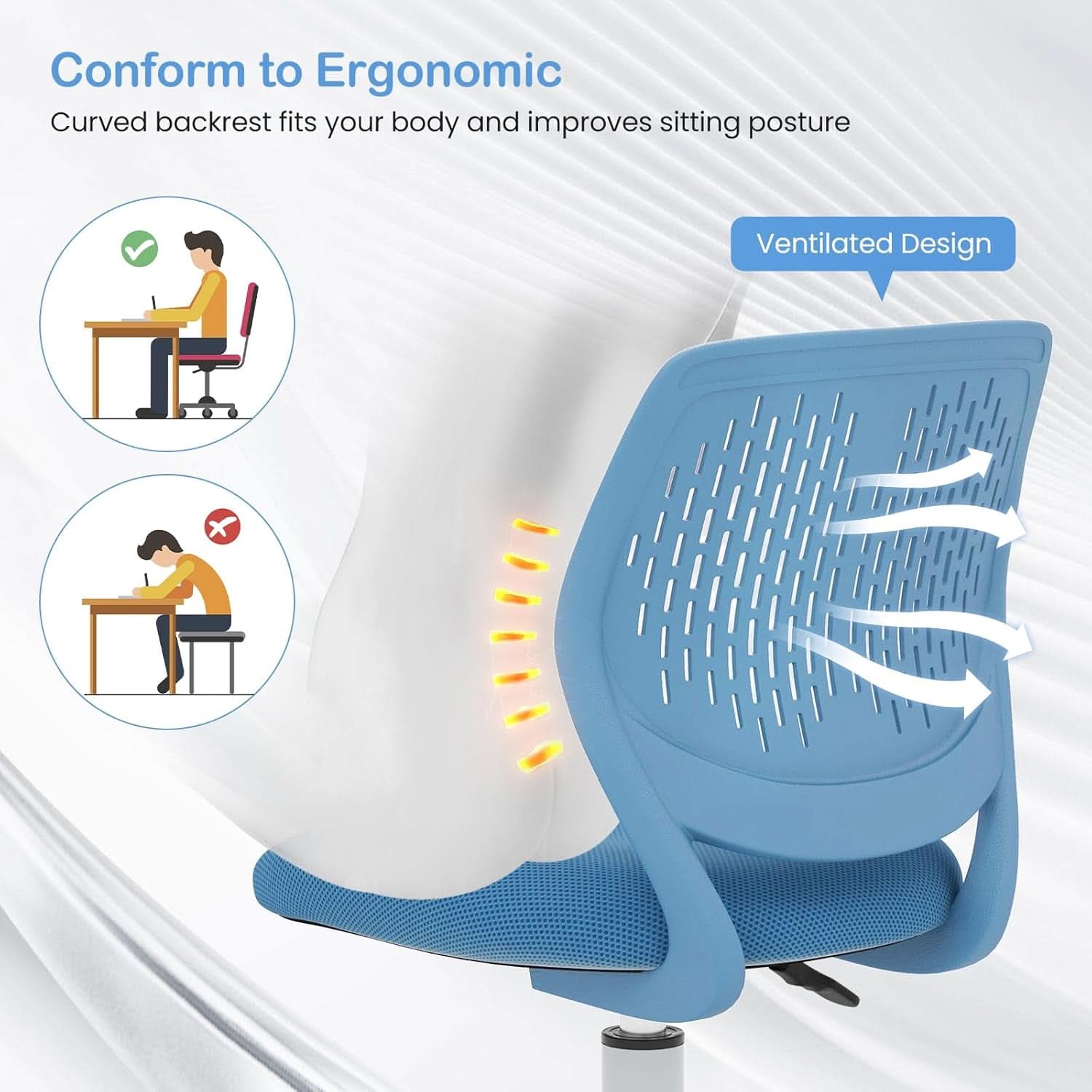 Height adjustable kids desk chair with ergonomic lumbar support armless design and five rolling caster wheels — view 5