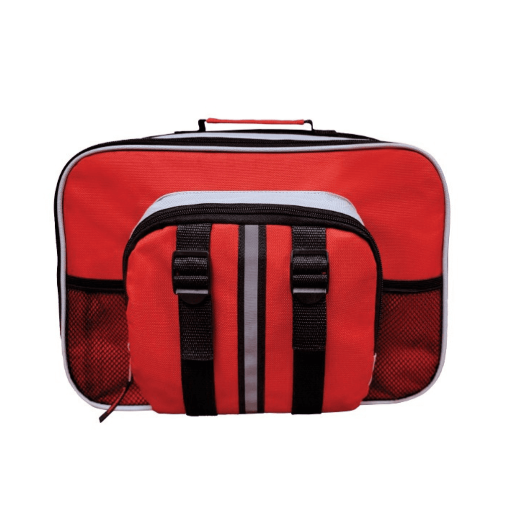 Comprehensive car emergency auto kit displaying jumper cables, first aid supplies, flashlight, and reflective triangle. — view 4
