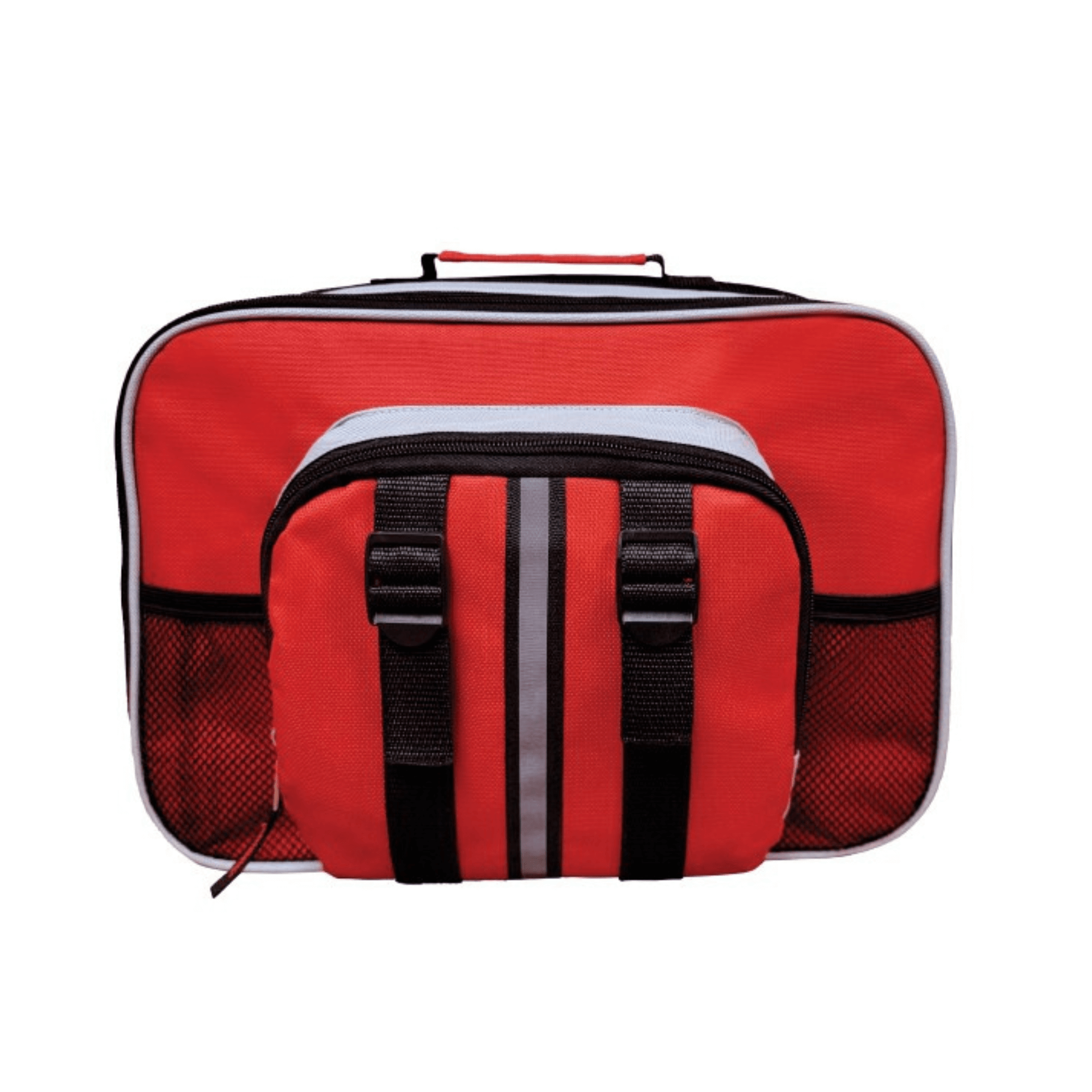 Comprehensive car emergency auto kit displaying jumper cables, first aid supplies, flashlight, and reflective triangle. — view 4
