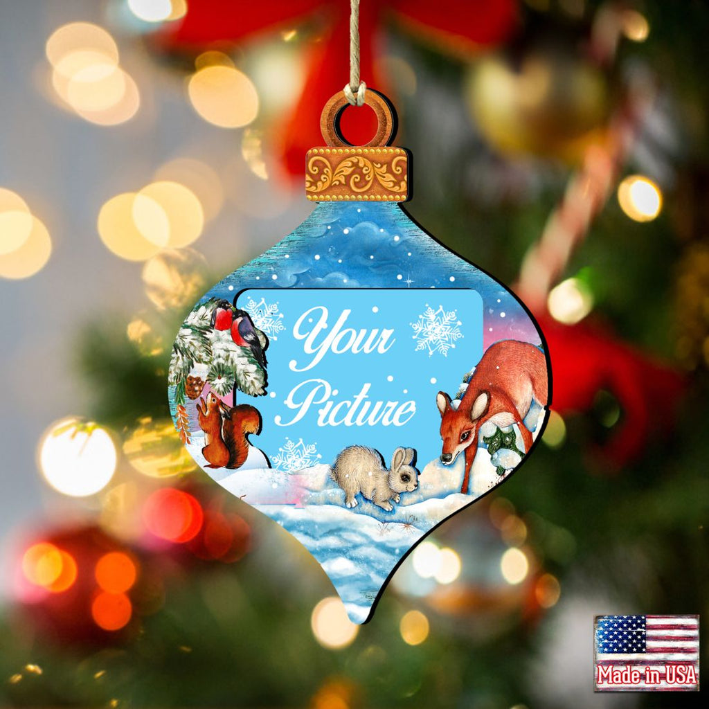 Handcrafted wooden Christmas picture frame ornament featuring vintage Santa and snowman artwork for holiday trees. — view 3