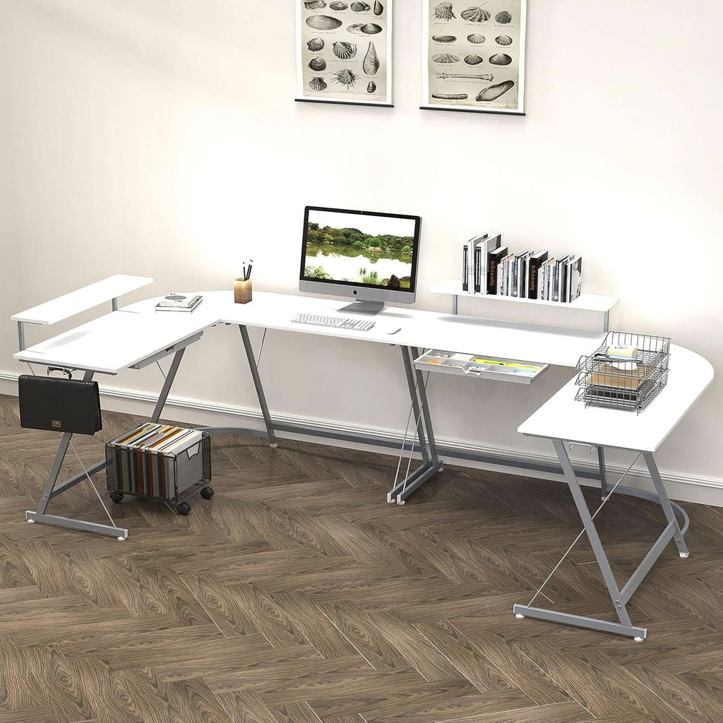 White Vista L-shape corner desk with monitor stand, sliding drawer, and Z-shaped steel frame — view 2