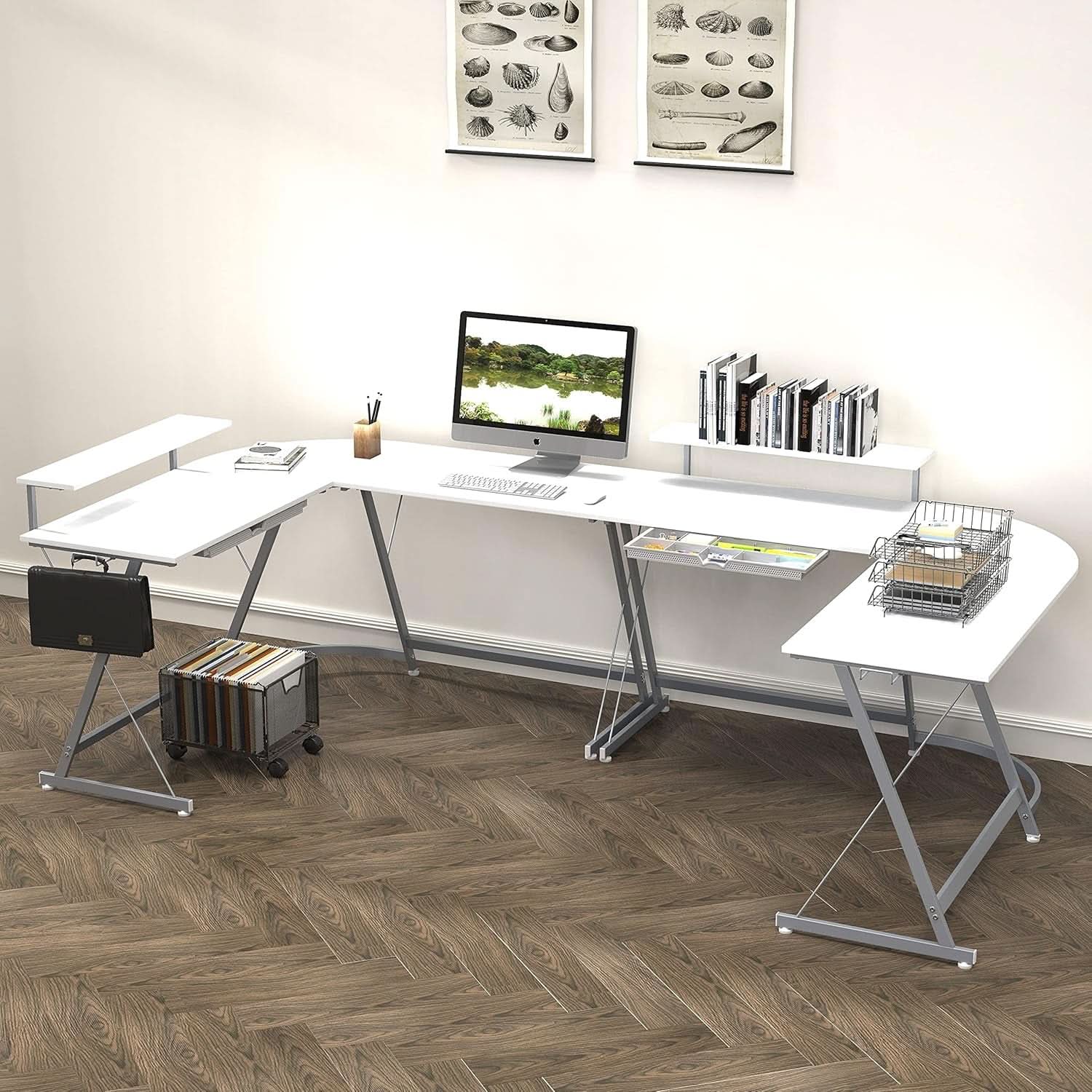White Vista L-shape corner desk with monitor stand, sliding drawer, and Z-shaped steel frame — view 2