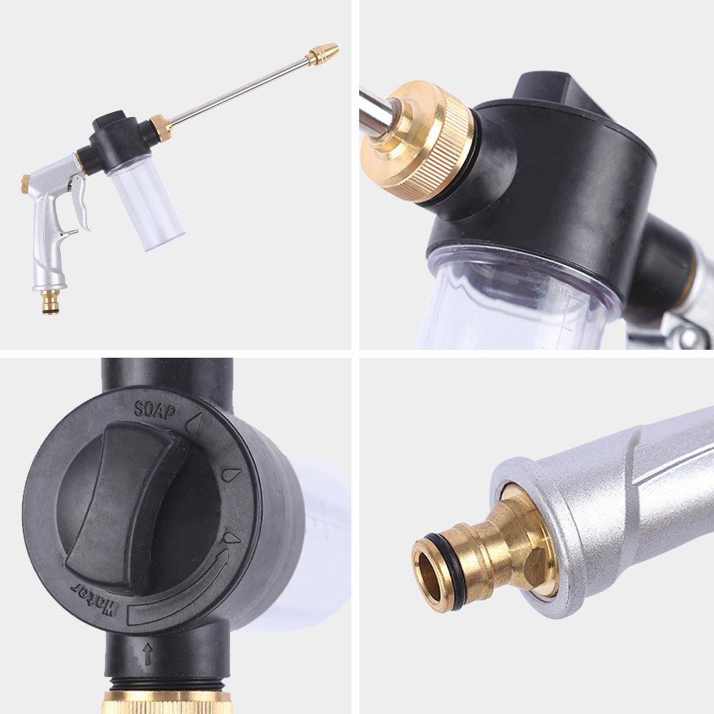Long pole high pressure garden hose nozzle with attached foam bottle and copper interface fitting — view 5