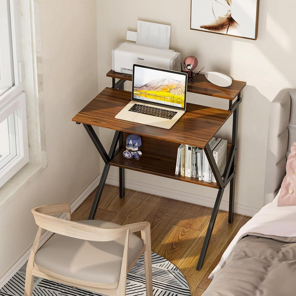 Espresso compact computer desk with built-in monitor stand, storage shelf, and thick black metal frame — view 2