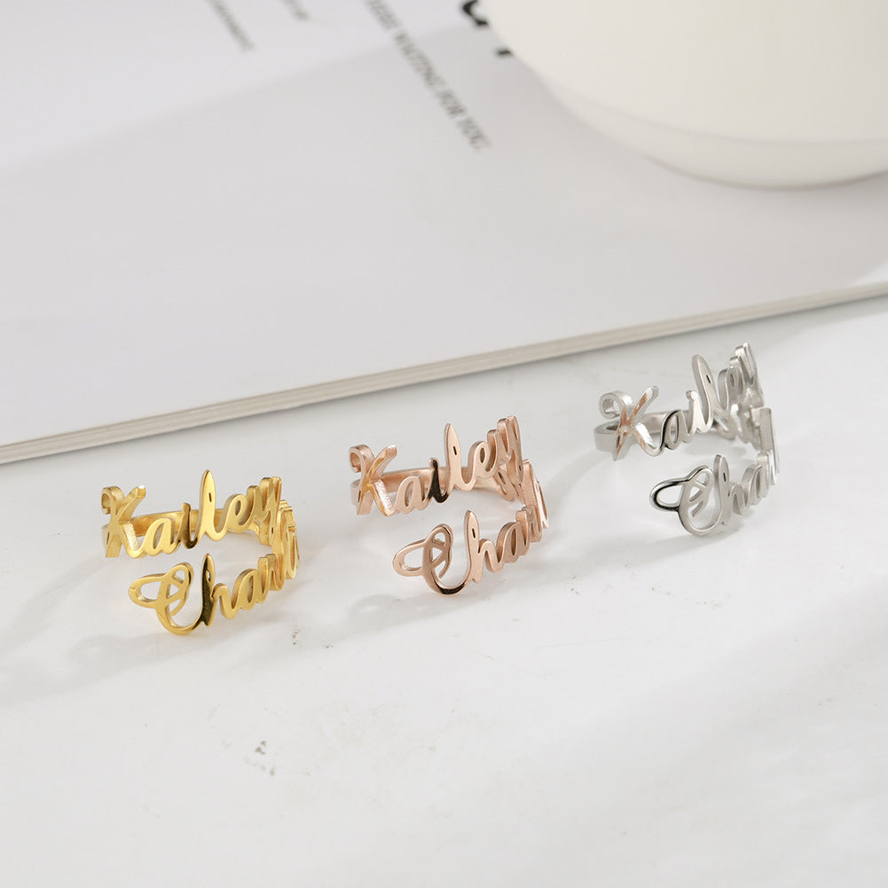 Adjustable custom name stainless steel ring with personalized engraving and elegant heart detail — view 2