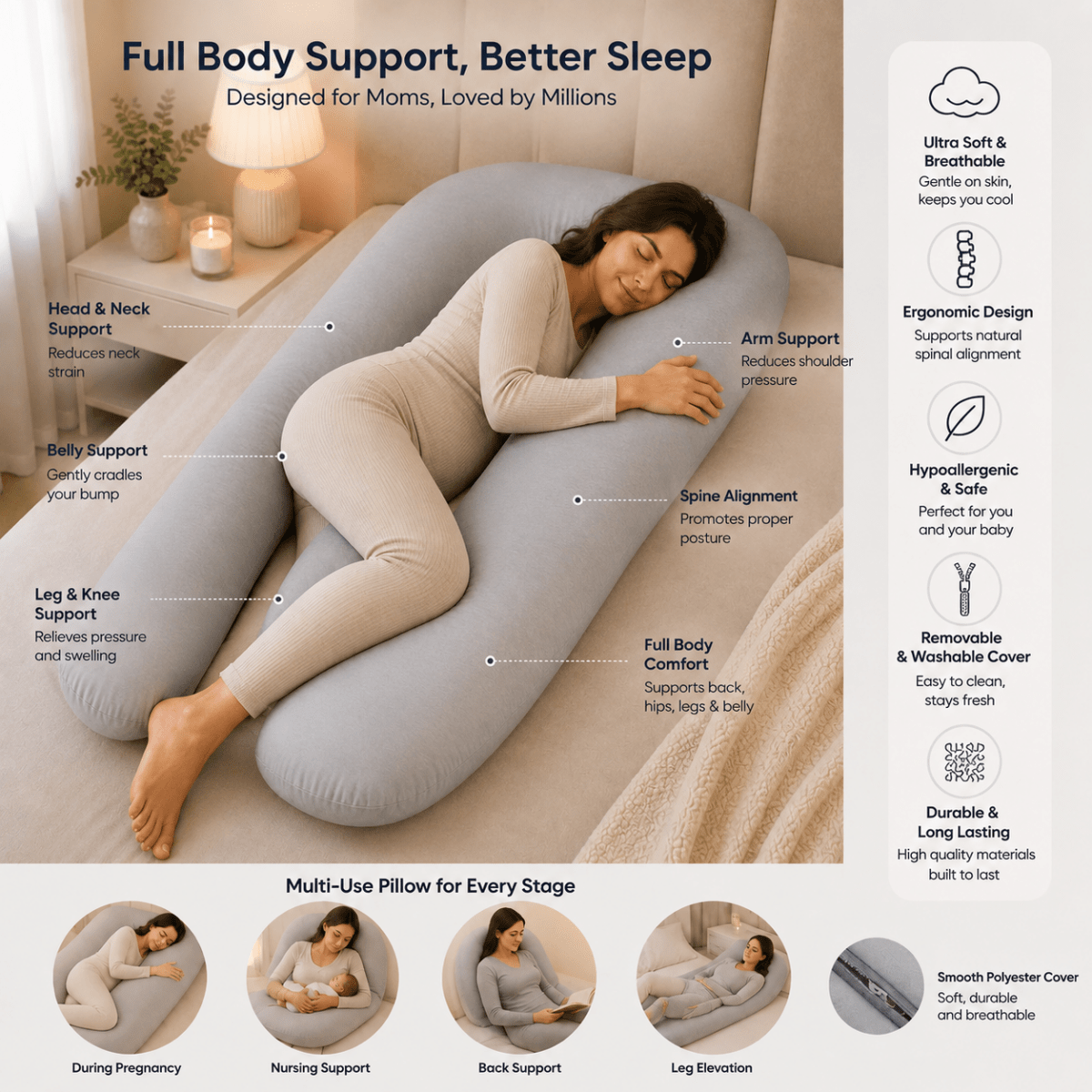 9 ft white maternity pillow, long full-body pregnancy support cushion with soft removable fabric case — view 2