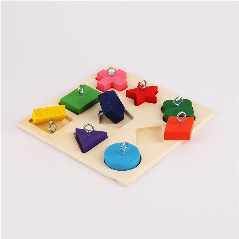 9-piece colorful wooden block parrot training toy on a square wooden platter base — view 2