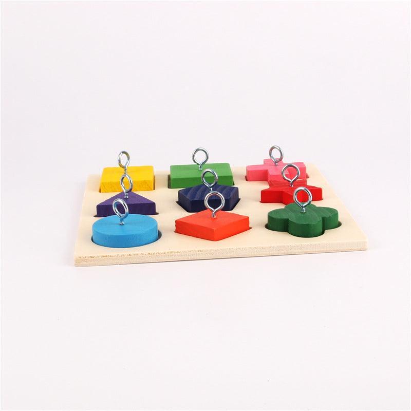 9-piece colorful wooden block parrot training toy on a square wooden platter base — view 4