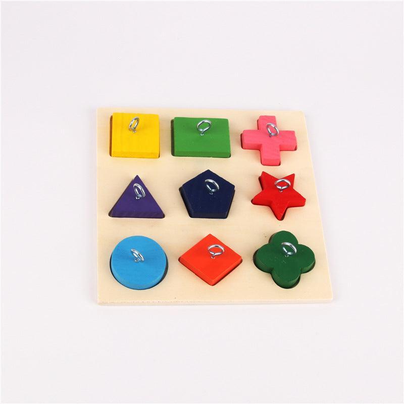 9-piece colorful wooden block parrot training toy on a square wooden platter base — view 3