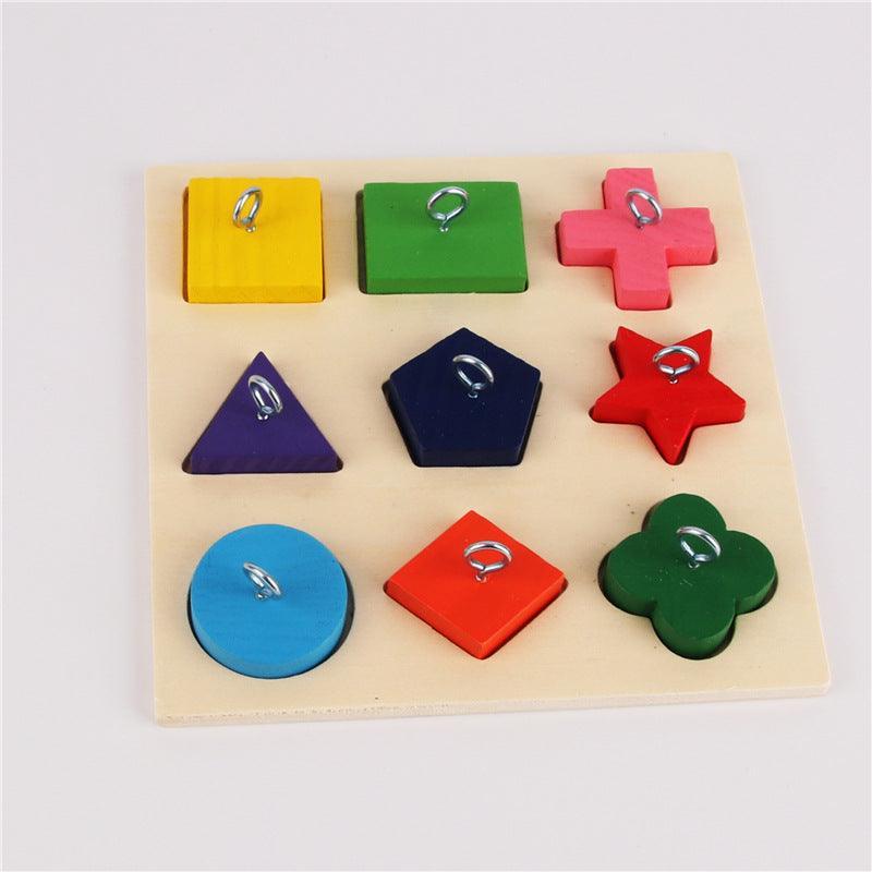 9-piece colorful wooden block parrot training toy on a square wooden platter base