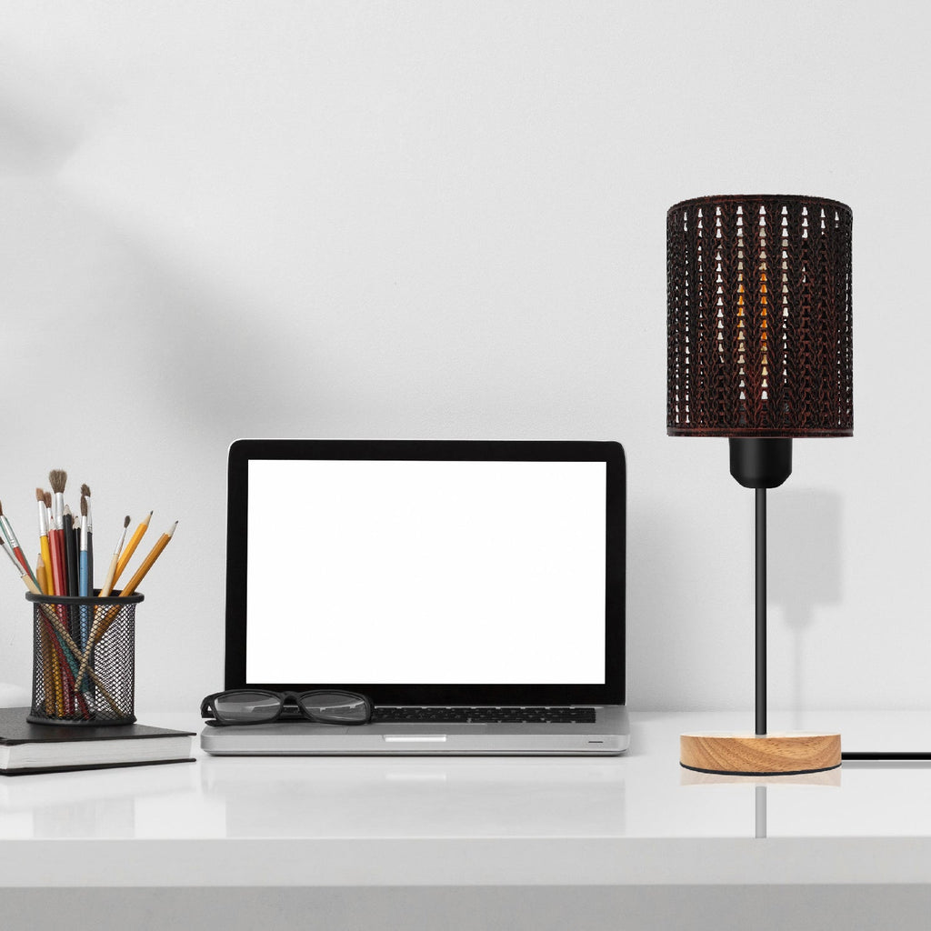 Industrial wire cage table lamp with a natural wood stand and exposed E27 Edison bulb