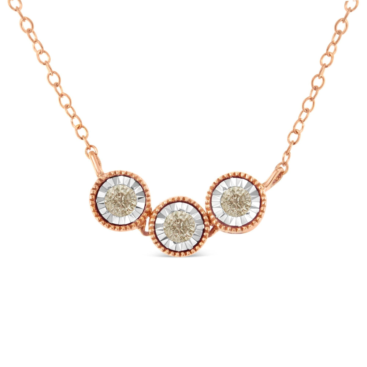 10K Rose and White Gold Plated .925 Sterling Silver 1/4 Cttw Miracle-Set Champagne Diamond Triple Circle 18" Necklace (I2-I3 Clarity)-0