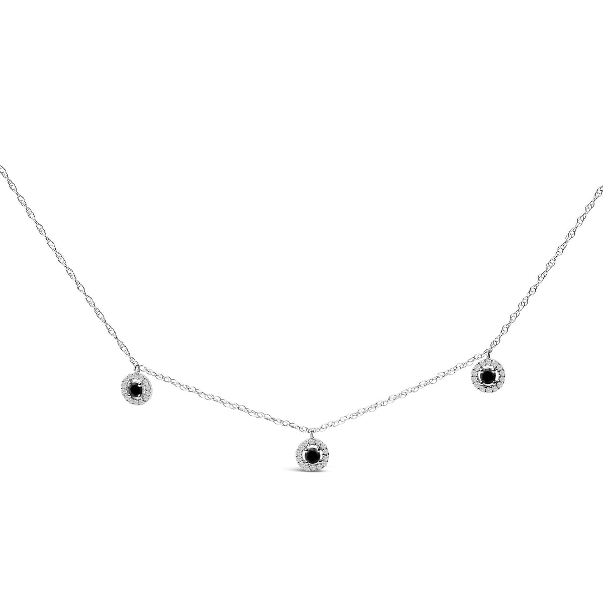 .925 Sterling Silver 5/8 Cttw Black Diamond 3 Station with Halo Necklace-0