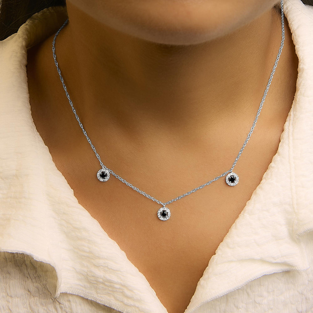 .925 Sterling Silver 5/8 Cttw Black Diamond 3 Station with Halo Necklace-2