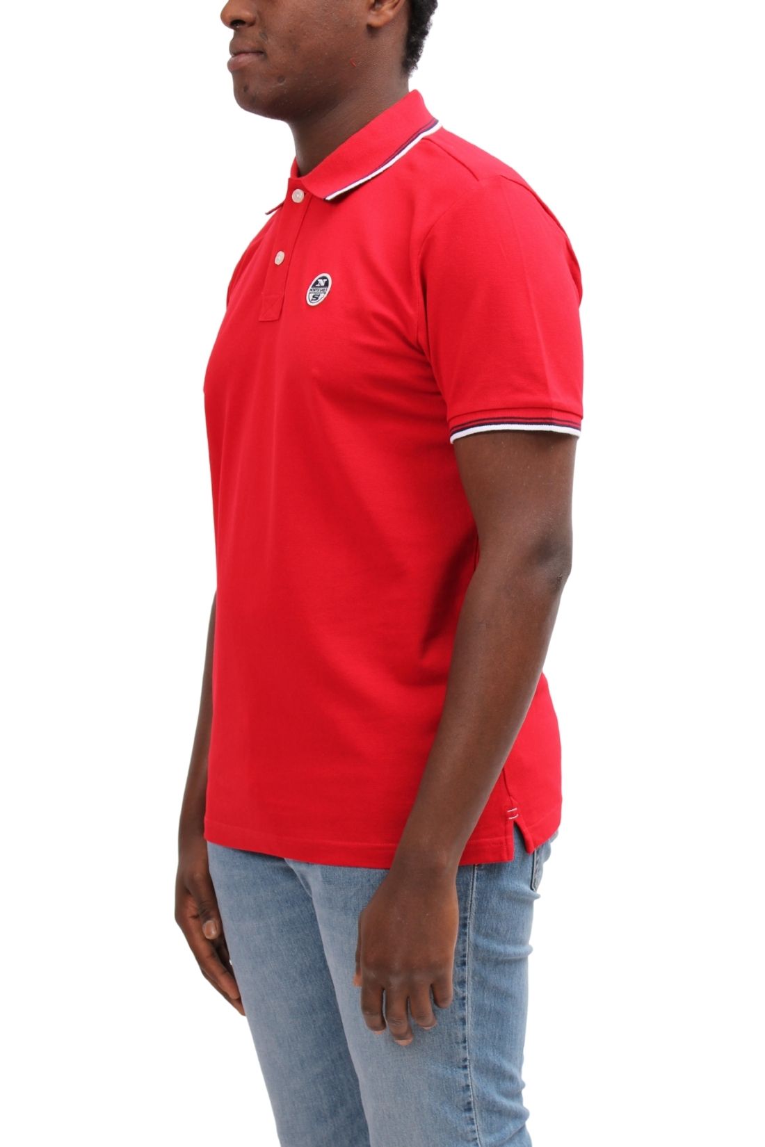 Men's red pure cotton mesh polo shirt with contrast piping and logo patch — view 14