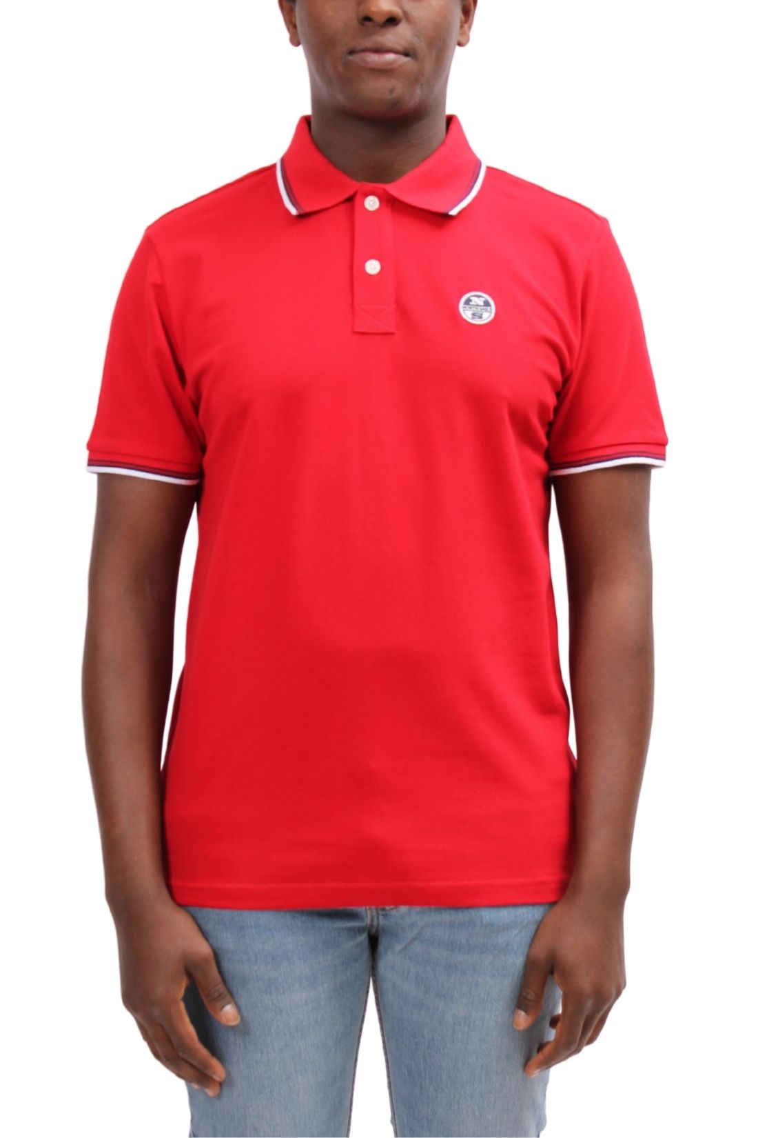 Men's red pure cotton mesh polo shirt with contrast piping and logo patch — view 9