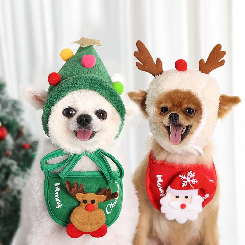 Festive pet Christmas hat and matching saliva towel set with reindeer antlers on white background